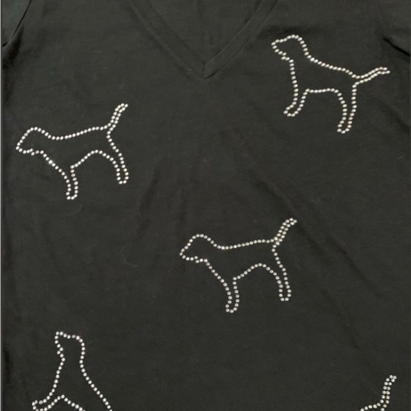 PINK Victoria's Secret Black V-Neck Tee rhinestone dog rare XS - Picture 5 of 6